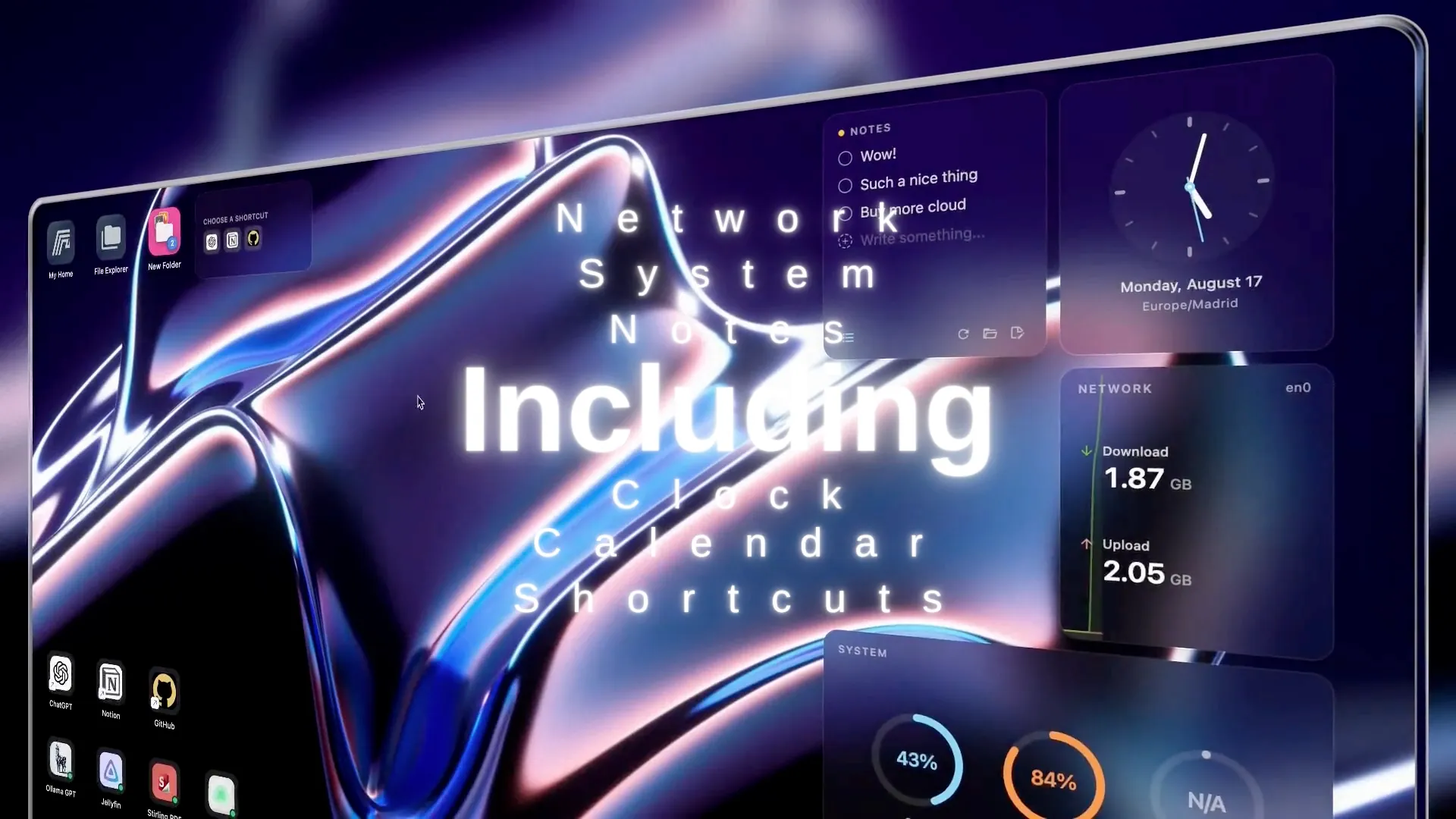 HomeDock OS desktop widgets: Clock, Notes, Network and System
