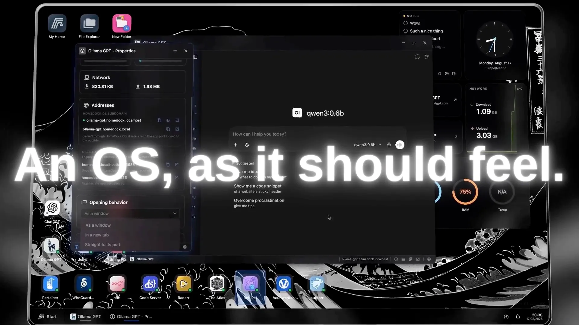 Ollama GPT running inside a HomeDock OS window, with the Opening behavior options open